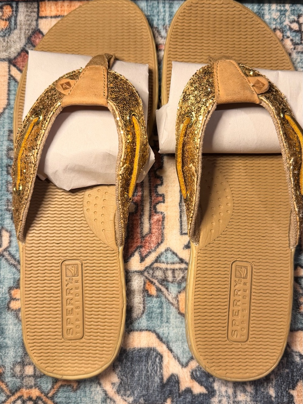 Sperry Gold Glitter and Tan Thong Sandals for Women